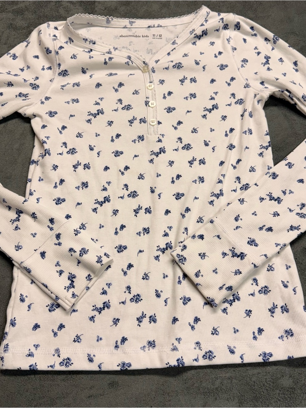 abercrombie kids White Long Sleeve Henley Tee with Blue Floral Print